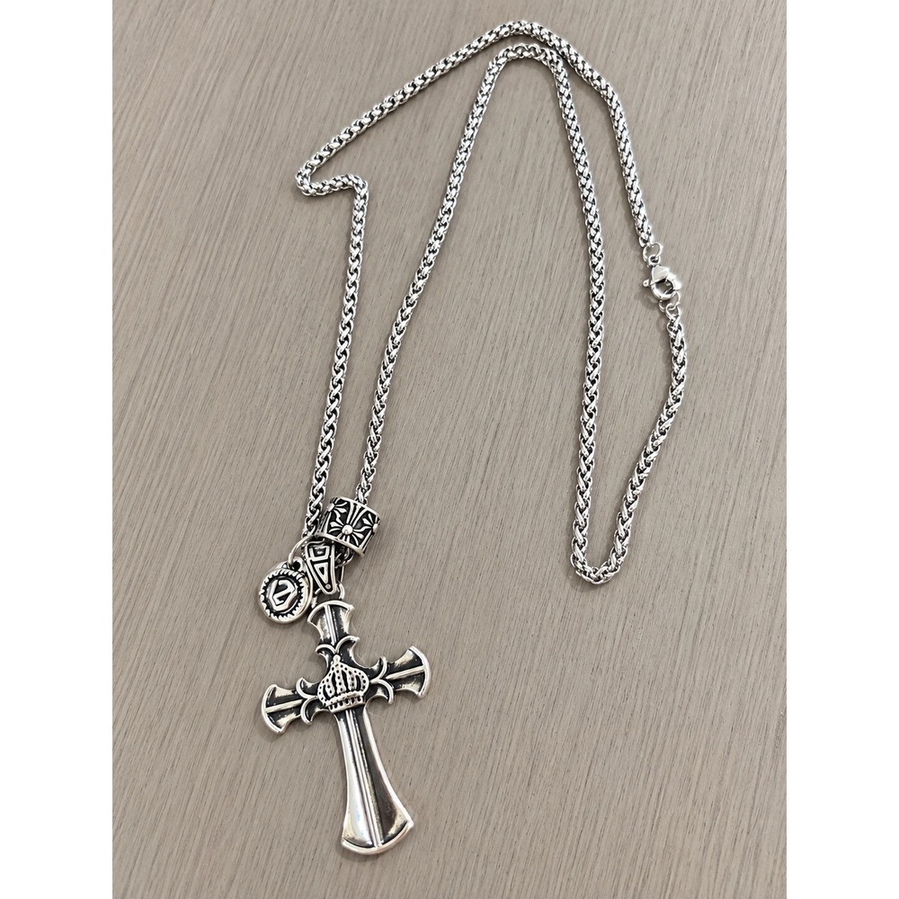 Gothic Silver Tone Crown Cross Pendant Wheat Chain Necklace 24 Inch